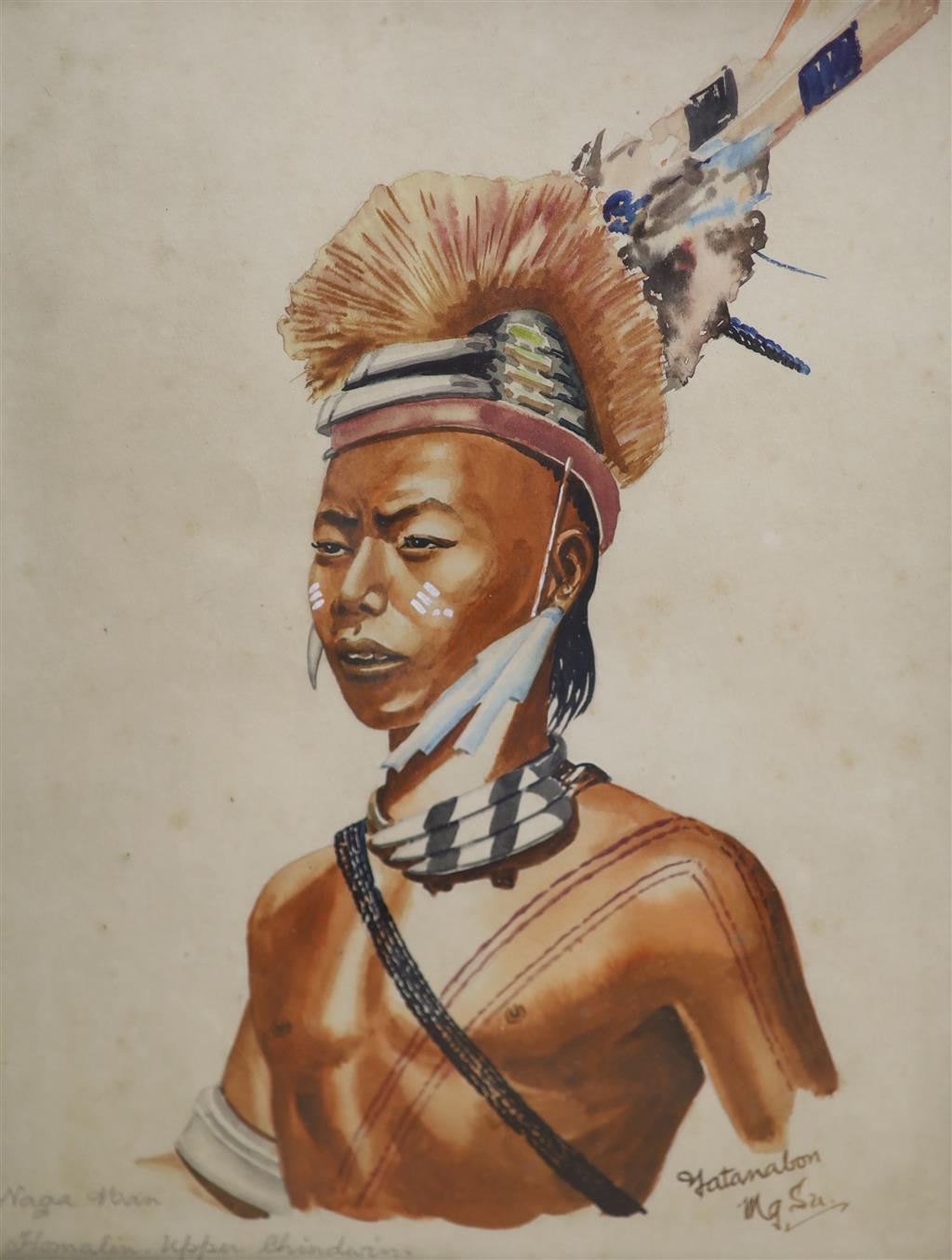 Yatanabon MgSu (Burmese), pair of watercolours, Studies of a Naga man and woman, Homalin Upper Chindwin, signed, 32 x 24cm